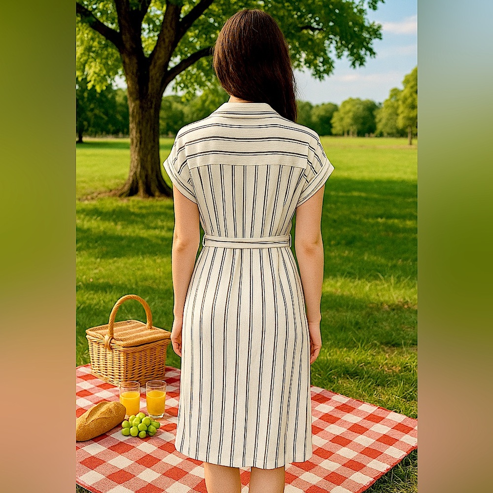 Calvin Klein Maxi Shirt Dress Size 14 Off-White Gray Stripe Button Front Belted - Picture 2 of 4
